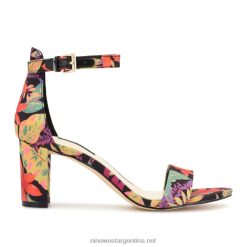 negro multifloral sandalias de tacón cuadrado con correa en el tobillo Nine West 0DDT0182