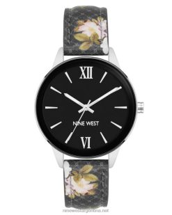 negro reloj con correa con motivo floral Nine West 0DDT02891