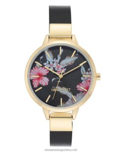 negro reloj con correa y esfera floral Nine West 0DDT02886