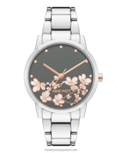 tono plateado reloj de pulsera de metal con esfera floral Nine West 0DDT02873